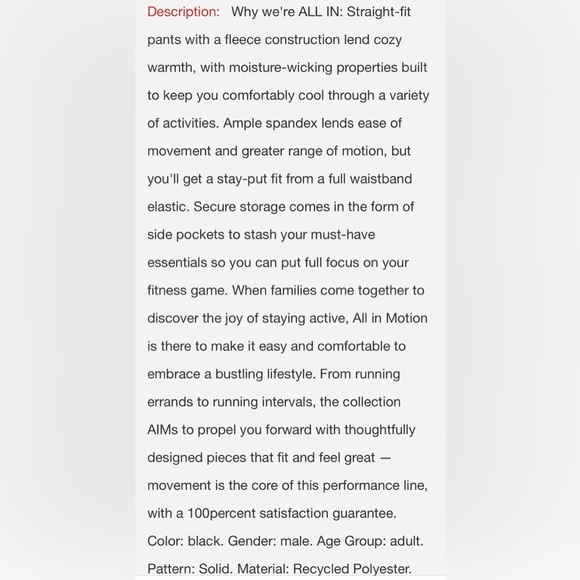 All in Motion Men’s Black Fleece XXL Pants - Picture 5 of 6